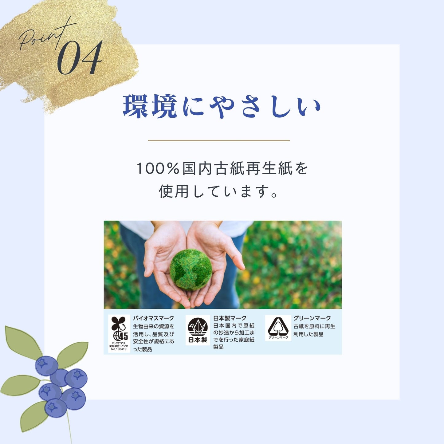 トイレットペーパー ブルーベリー 1.5倍巻き ダブル 12ロール×6パック 芳香タイプ 45m 再生紙100%