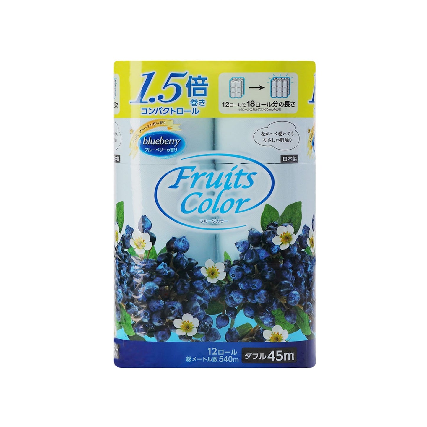 トイレットペーパー ブルーベリー 1.5倍巻き ダブル 12ロール×6パック 芳香タイプ 45m 再生紙100%