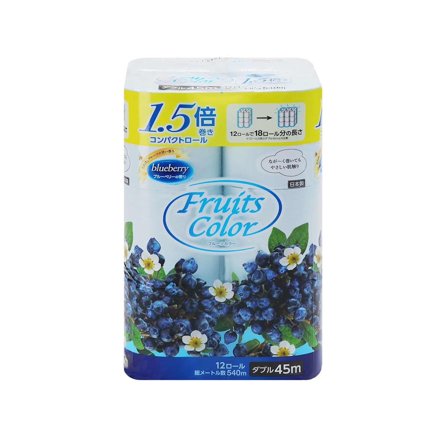 トイレットペーパー ブルーベリー 1.5倍巻き ダブル 12ロール×6パック 芳香タイプ 45m 再生紙100%